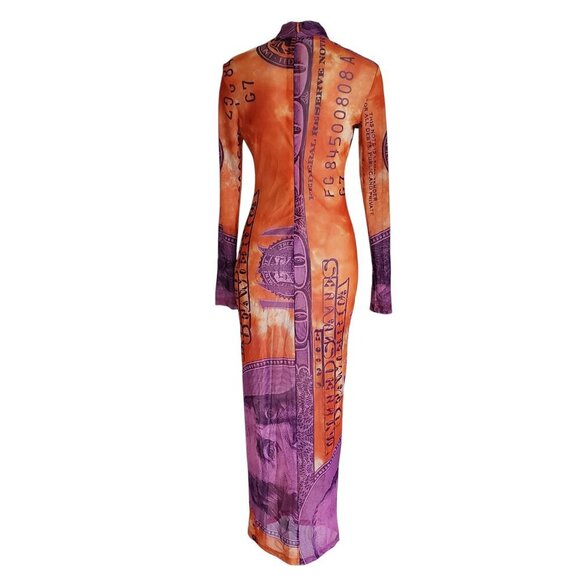 No 1 Los Angeles Bodycon $100 Orange Purple Sheer Y2K Mesh Long Maxi Dress L - Picture 3 of 16